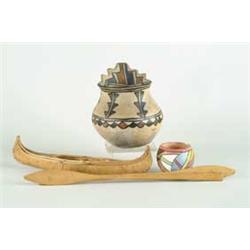 INDIAN POTTERY POT ALONG WITH THREE OTHER PIECES