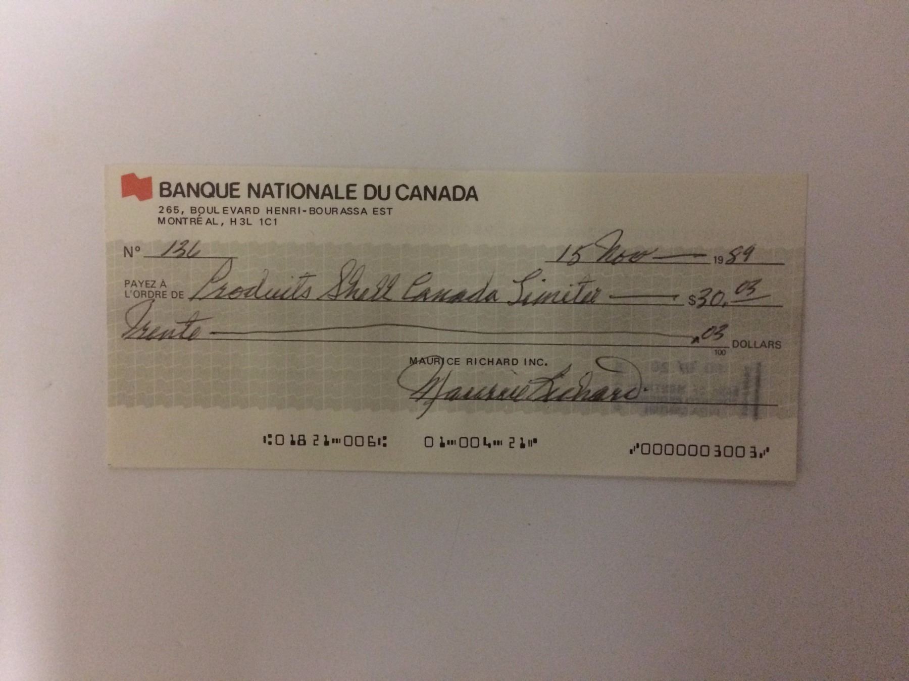 MAURICE RICHARD SIGNED BANK CHEQUE (BANQUE NATIONALE DU CANADA)