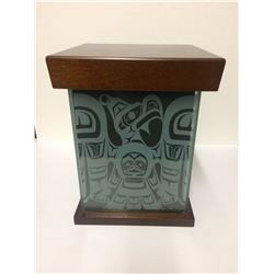 NATIVE ART GLASS BOX W/ WOODEN TOP & BOTTOM