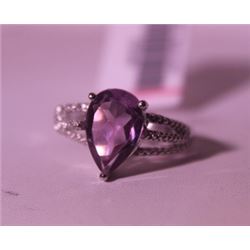 Exquisite Sterling Silver Ring with Pear Cut Amethyst