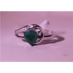 Exquisite Sterling Silver Ring with Triangle Cut Genuine Columbian Emerald and Diamonds