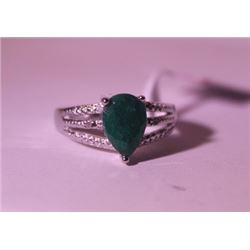 Exquisite Sterling Silver Ring with Pear Cut Columbian Emerald