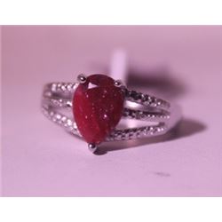 Exquisite Sterling Silver Ring with Pear Cut Pigeon Blood Ruby