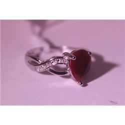 Exquisite Sterling Silver Ring with Pear Cut Pigeon Blood Ruby and Diamonds