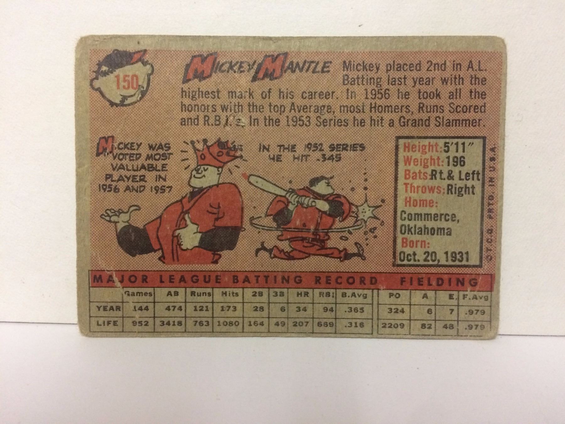 1958 Topps Mickey Mantle 150 Baseball Card NY Yankees