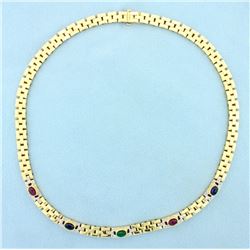 Ruby, Sapphire, Emerald, and Diamond Cabochon Necklace