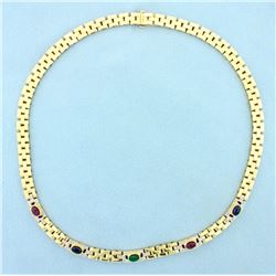 Ruby, Sapphire, Emerald, and Diamond Cabochon Necklace