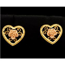 Rose and Yellow Gold Heart Shaped Earrings with a Rose