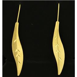 Dangle Leaf or Feather Diamond Cut Gold Earrings