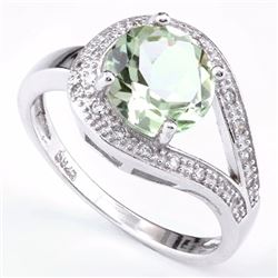 Green Amethyst Ring with White Sapphire in Sterling Silver