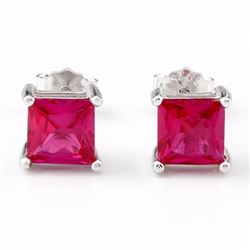 Lab Ruby Princess Cut Square Stud Earrings 5MM in Sterling Silver