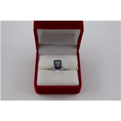 CERTIFIED OCEAN BLUE MYSTIC TOPAZ AND DIAMOND RING, 3.10CT EMERALD CUT TOPAZ, 2 DIAMONDS, INCLUDES