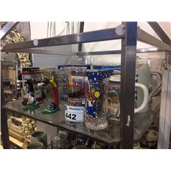 SHELF LOT OF COLLECTABLE MUGS AND GLASSES