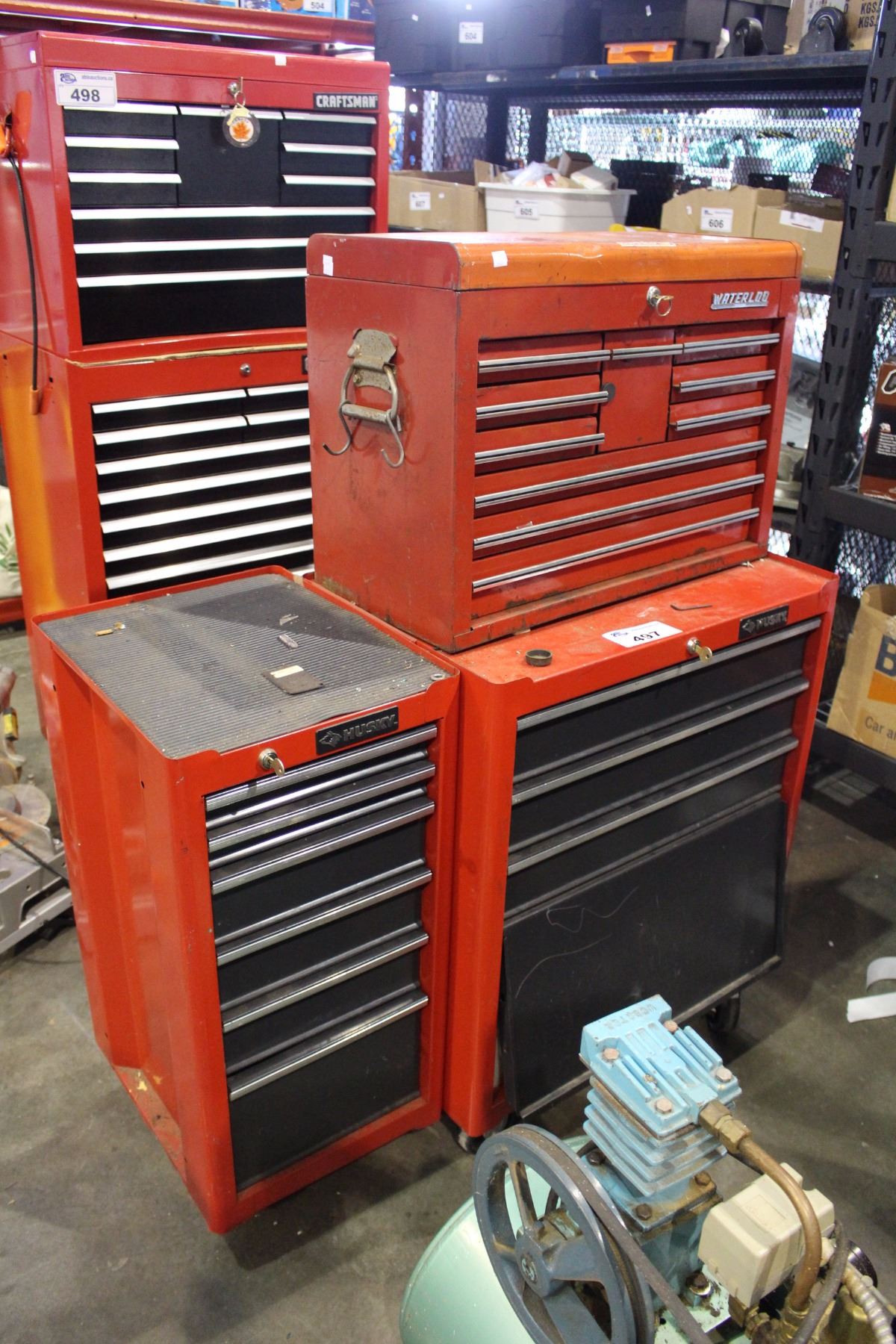 Rolling 3 Piece Waterloo Tool Box With Contents And Husky Side Cabinet