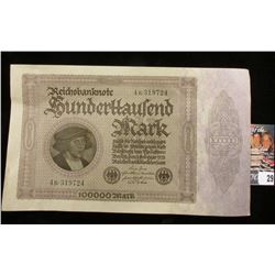 1923 German 100,000 Mark Bank Note, Near Uncirculated.