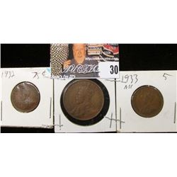 1918 Canada Large Cent, 1932 & 33 Canada Small Cents.