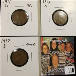 1911 D VG, 12 D Good, & 12 S VG Lincoln Cents.