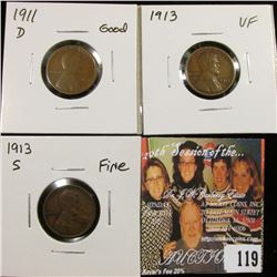 1911 D Good, 13 P VF, & 13 S Fine Lincoln Cents.