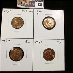 1935 P Red-Brown BU, 36 S Red BU, 37 P Red BU, & 41 P Red BU Lincoln Cents.