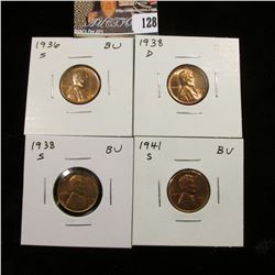 1936 S, 38 D, 38 S, & 41 S Red Gem BU Lincoln Cents.
