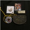 Image 1 : Brass Belt Buckel "Raleigh Lights" depicts Semi and Trailer; encased 1975 Lincoln Cent with string n