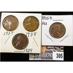 1915 D AU, 37P, 38P, & 39P EF Lincoln Cents.