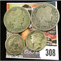 1906 O Barber Dime; 1938 P Mercury Dime; 1898 P & 13 D Barber Quarters.