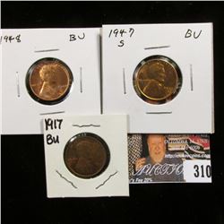 1917 P Red-Brown Uncirculated; 1947 S Gem Red BU; & 48 P Gem Red BU Lincoln Cents.