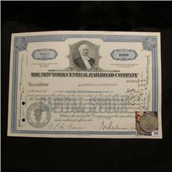 Stock Certificate for 100 Shares of "The New York Central Railroad Company"; & 1923 P U.S. Peace Sil