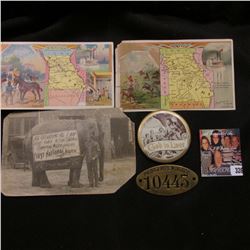 "God is Love" Pin-back; "Missouri" souvenir Card; and an error souvenir card for "Missouri" with Vir