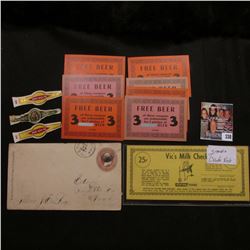 (3) mint condition Cigar Bands; (6) two type "Free Beer" tickets from "H. Jacobsen 2401 Cuming"; "De