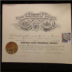 Large Certificate from February 3rd, 1912 "Nebraska State Historical Society" signed by President Jo