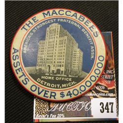Celluloid Advertising Mirror "The Maccabees Assets over $40,000,000/America's Strongest Fraternal Be