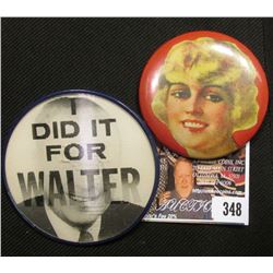 Celluloid Advertising Mirror depicting a blonde Starlet; & a vari-vue Political Pin-back "I Did it F