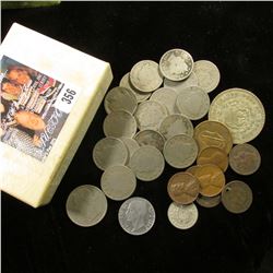 Small cardboard box of miscellaneous Coins, including (2) Indian Cents (one holed); (4) Foreign Coin