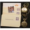 Image 1 : (13) Prestamped, unused Postal Cards, mint condition; Andre Rivalle 17 Jewels Pocket Watch in huntin