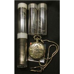 Men's Hunting case watch with Railroad Train design and watch chain; floral dial, not running and ma