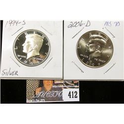 1994 S Proof Kennedy Silver Half Dollar PF70 & 2006 D Kennedy Half Dollar, MS70.