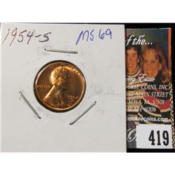 1954 S Lincoln Cent, Red Gem BU 69.