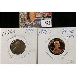 1994 S Proof70 Red Lincoln Cent & 1929 S Lincoln Cent, Brown AU.