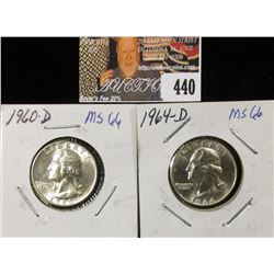 1960 D MS66 & 1964 D MS66 Silver Washington Quarters.