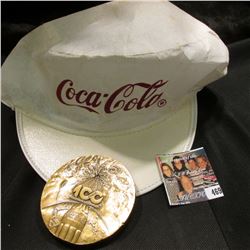 White & Red Coca-Cola Cap & 1886-1986 Coca-Cola Distributor Large Bronze Medal, 3" x 1/4", depicts 1