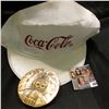 Image 1 : White & Red Coca-Cola Cap & 1886-1986 Coca-Cola Distributor Large Bronze Medal, 3" x 1/4", depicts 1