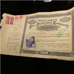 1928 Cancelled Stock Certificate for 4 Shares of "Security Fire Insurance Company Davenport, Iowa" S