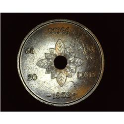 1952 Laos 20 Cent Piece, Brilliant uncirculated. Depicts an Elephant.