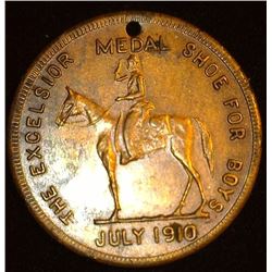 July 1910 "The Excelsior Shoe For Boys Medal", Equestrian design, holed, 'Swatika' reverse, EF.