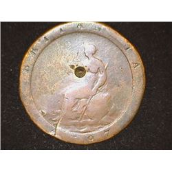1797 Great Britain One Pence Coin, partial hole in center, otherwise Good.