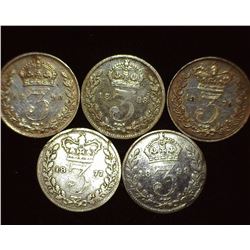 1877, 1879, 1893, 1898, & 1899 Great Britain Silver Three Pence Coins.