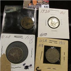 Three Drachm European Token; 1911 VG & 12 D Liberty Nickels, VG-F; & 1935 P Mercury Dime, AU.