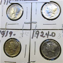 1916 P, S, 19 P, & 24 D Mercury Dimes, possibly cleaned, all VF.